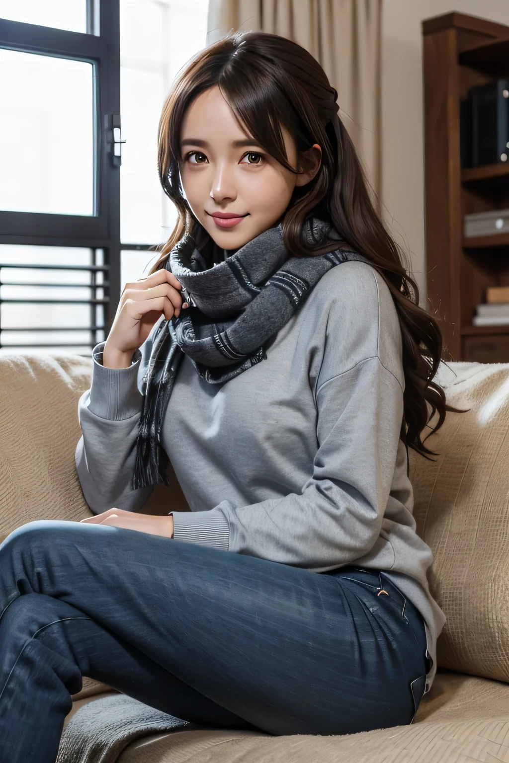 bell, anime, curly brown hair, medium breasts, black eyes, light smile, jeans, scarf, gray sweatshirt, blue pants, sitting, Cross-legged, Inside the smart home, sitting on the couch, Asada Shino's face, anime Sword Art Online, highest quality