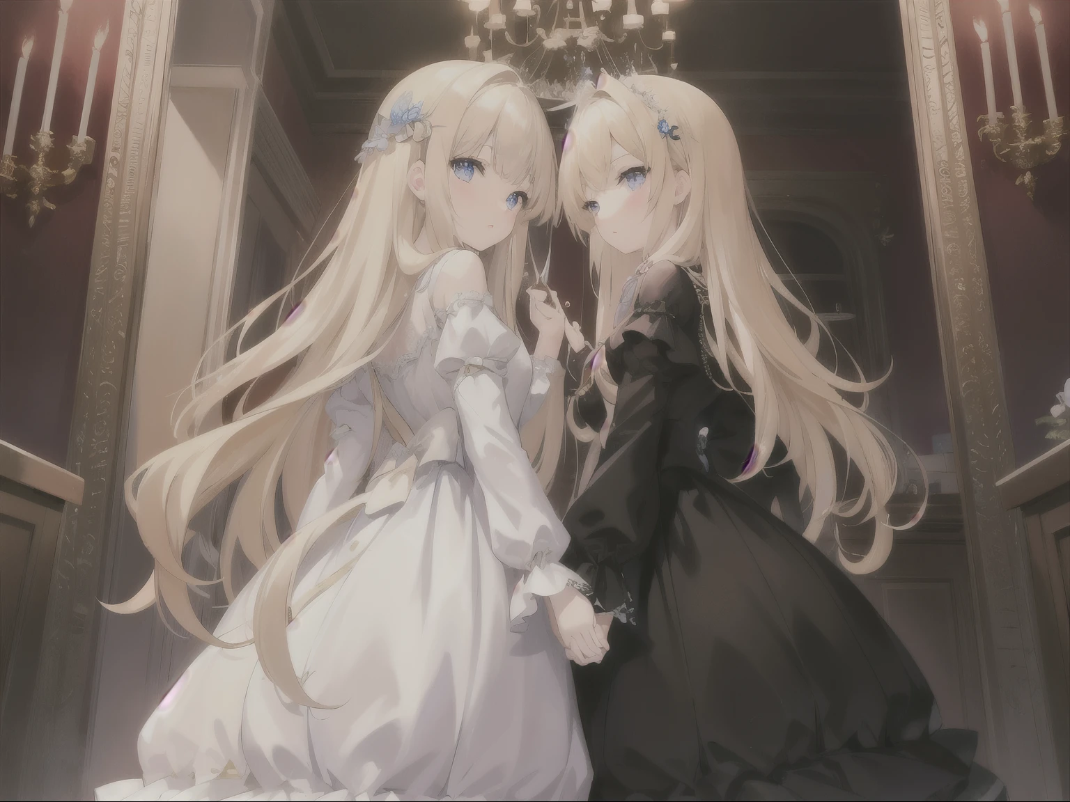 masterpiece, highest quality,2 girls,cute,cute,floating hair, golden hair, long hair, hair tip wave, hair down, transparent, light blue eyes, 白いfrills,classical dress, lolita, mirrorの国のアリス, small crown, Queen様, 黒いlolita, purple eyes, mirror, inside the castle, Western-style building,Crystal butterfly,Tyndall effect,evening,cinematic lighting, stirring,dream-like,great scene,shine,chess,Crystal Dream, two girls、holding hands、inside the castle、classical dress、黒いlolita、白いlolita、素晴らしい光沢のある金色のlong hair，blonde, white clothes，frills, small crown, Queen, golden hair, eyes are purple、これはcute甘い女の子です，soft girl, lolita,mirrorの国のアリス, chess, mirrorの部屋, Are standing, mirrorの前にAre standing自分を見て, mirrorに向かってholding hands, from behind, from below, chessの部屋,mirrorの世界に行こうとしている,large room全体が写っている,chess盤, large room