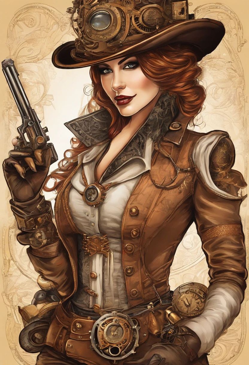 There's a woman wearing a Steam Punk hat and holding a gun.,  Steampunk, usando trajes Steampunk,  inventora Steampunk, (Steampunk), ( Steampunk ), estilo Steampunk, Steam-punk, Steampunk Fiction, steampunk aesthetic, uma deusa Steampunk bonita, Steampunk mulher anime bonita, Steampunk, fantasia Steampunk, estilo de fantasia Steampunk, arte Steampunk, arte digital Steampunk, roupas Steampunk