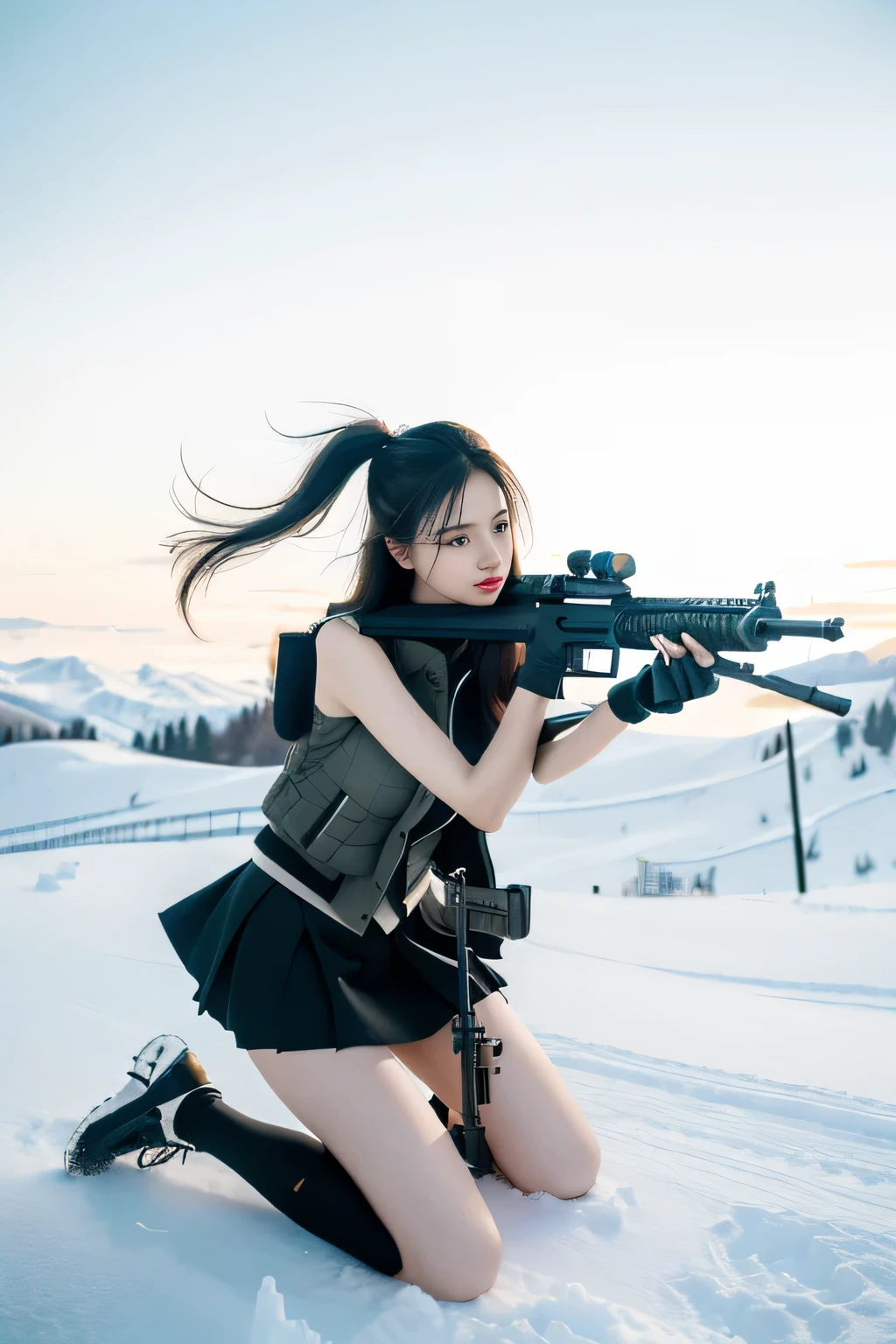 ((best quality)), (masterpiece), lifelike, photorealism, A girl kneels and takes aim with an assault rifle, mini skirt, (thigh), lifelike, High resolution,snow background, looking into camera, (Detailed face), long black hair, Vest, gun, jewelry，black gloves, Fingers are covered