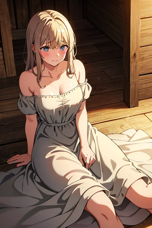 Medieval  farm girl, laying down, in barn, laying down, messy clothes, messy hair, sweating, blushing, revealed shoulder, dress up, happy,