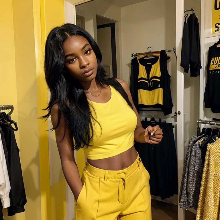 pretty melanin girl wearing yellow at her home studio vloger style photo