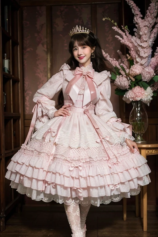 best quality, delicate face，beautiful visual work, lifelike, 2 girls, eternal, black hair, Long curly hair, blunt bangs, Smile, pink skirt, pink ****ta dress, layered skirt, ****ta style long skirt,分層連衣裙 lace-trimmed 裙子, decorate, lace, long sleeve, puff sleeves, wide sleeves, Transparent sleeves, hair accessories, 在flower园里, flower, Detailed background,  delicate face，pink blush，White knee-length socks, Pink shoes，cold，Lots of lace，((​Masterpiece))、(top quality)、8K、high detail、super detailed，21 years old female，穿着pink ****ta dress((dreamy atmosphere:1.1))、Seductive and whimsical style、​Masterpiece、born、Scenes resembling fairy tale illustrations、Intricate details showcase the ruffles and intricate designs of the ****ta dress、beautifully、magic、capricious、 beautifully、Dream aesthetics、「𝓡𝓸𝓶𝓪𝓷𝓽𝓲𝓬、ethereal、charming、fickle、magic」、realism、Visual effect、FXAA、SSAO、shader、voiceless、ambient lighting、Tone mapping、High resolution、ultra high definition、megapixel、(8K resolution:1.10)、8K、Below 8K、8K resolution、high detail、intricate details， (high quality:1.2、​Masterpiece:1.2、:1.21)、(21 years old female:1.21)、(興奮地Smile)、(Surrounded by the dreamy atmosphere、High heel、Model diagram，full-body shot，Knee-high 白色的 lace socks,Sweet ****ta，Normal 2 feet，Pink shoes，Baotou shoes，silver crown tiara，Don't show your fingers，****ta cake dress，Thousand layer skirt，Every layer has lace，The skirt has a hem，cold，big breasts，hands on hips，Wide cuffs cover hands，2 girls