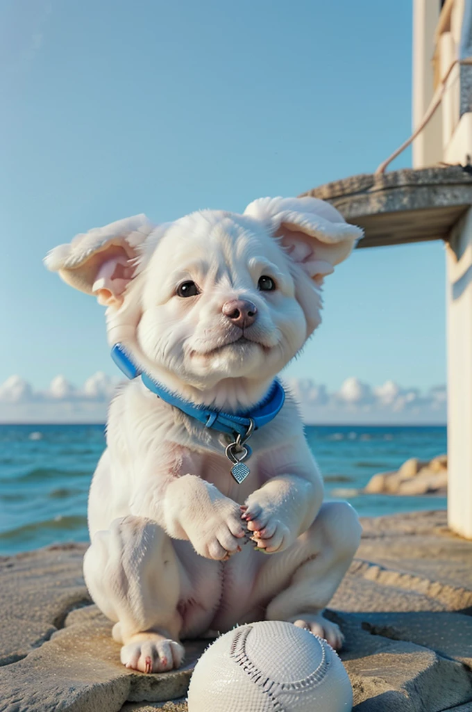 White Dog plays ball by the blue sea