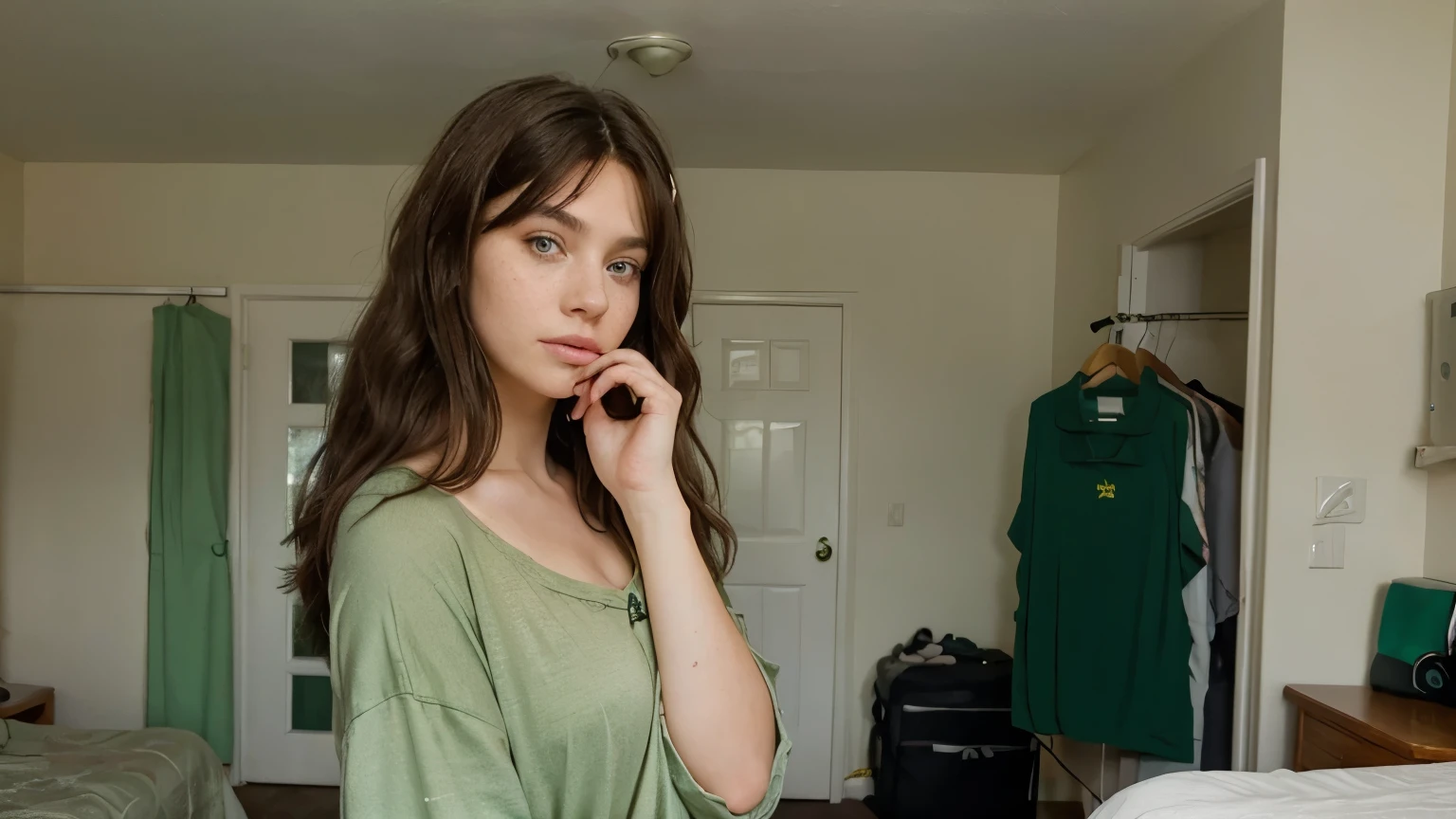 1 girl, 21yo, round beautiful green eyes, brunette wig, thinking, hand on the face, ((doubt expression)), beautiful woman, perfect skin (freckles), green clothes, on a dirty and mess motel room, ((full body)), standing, wearing clothes