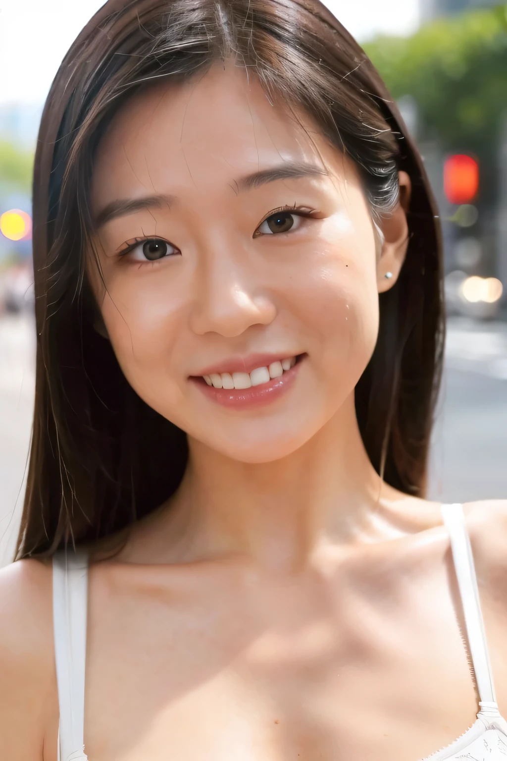 NSFW:1.5,((highest quality、8K resolution、master masterpiece、portrait:1.3)), Photoreal, 35mm film, 1 Japanese female, Upper body、on the street during the day, wrinkles around the eyes, plump body、smile,((white bra_panties:1.3)) , (outdoor:city street 1.3), jumbled background,look at the audience,Tokyo cityscape:1.3,smile