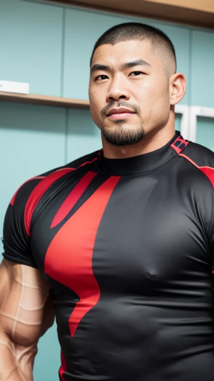 inside club locker room, facing each other, (football jersey:1.2), Japanese man, Chinese man, Korean man, Taiwanese man, manly face, round face, monolid eyes, (buzz cut:1.4), very large and strong body, bulging muscles, very large pectoral muscles, muscular arms, muscular abs, muscular legs, muscular back, brightens oily skin, master piece, realistic, panorama, distant view