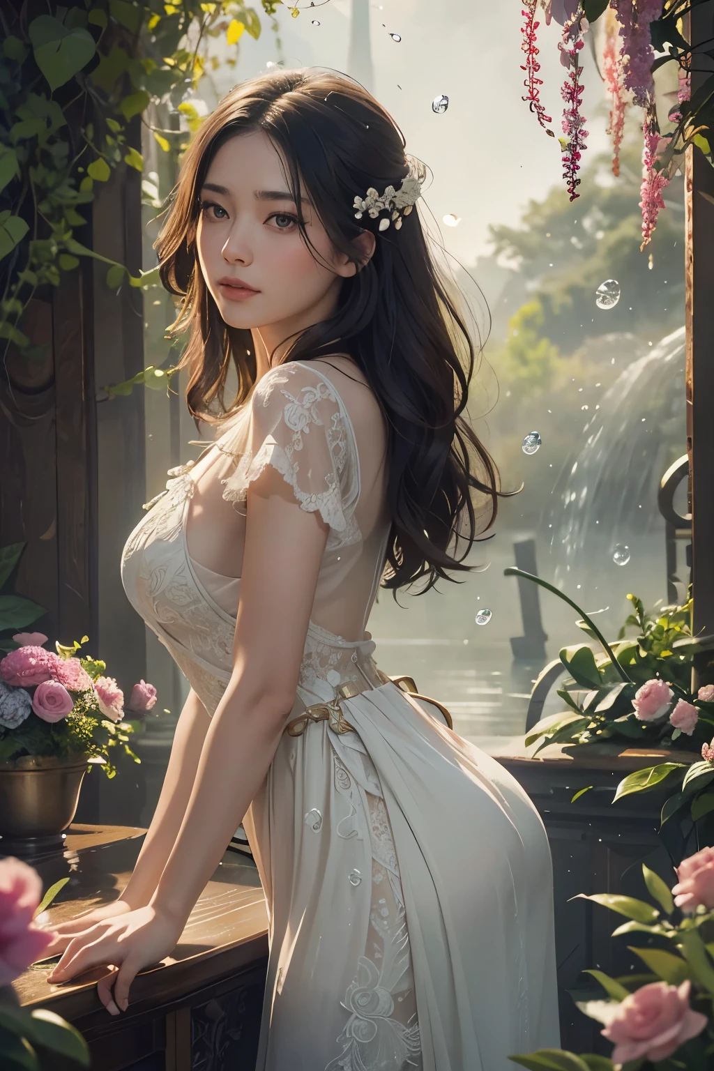 In the midst of a beautiful garden, a stunning woman stands in the forefront, her figure framed by vibrant flowers. The scene is captured in exquisite detail, every petal and leaf rendered with the utmost precision. The image portrays a sense of serenity and tranquility, amplified by the gentle sound of water droplets falling nearby. The woman's damp hair and glistening skin add an alluring touch, enhanced by the soft lighting that bathes the scene. The overall ambiance is somewhat dark and moody, creating a captivating atmosphere that draws viewers into this visual masterpiece. With its ultra-high definition resolution, every delicate detail is brought to life, allowing viewers to appreciate the true beauty of this extraordinary scene.