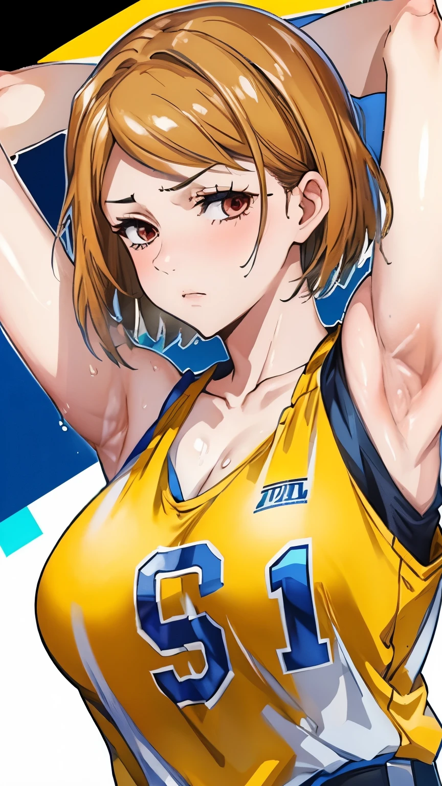 a close up of a person wearing a basketball uniform, a picture, inspired by Kentaro Miura, trending on pixiv, kugisaki nobara, wearing yellow nba jersey, yellow tanktop nba jersey, wearing a low cut tanktop, wearing tanktop, tanktop, golden raito, (winking), shirobako, large)}], favorite scene, fine details. anime. skins, sweating, big breasts, two hands up, armpits, armpits visible, dripping with sweat, more more sweat