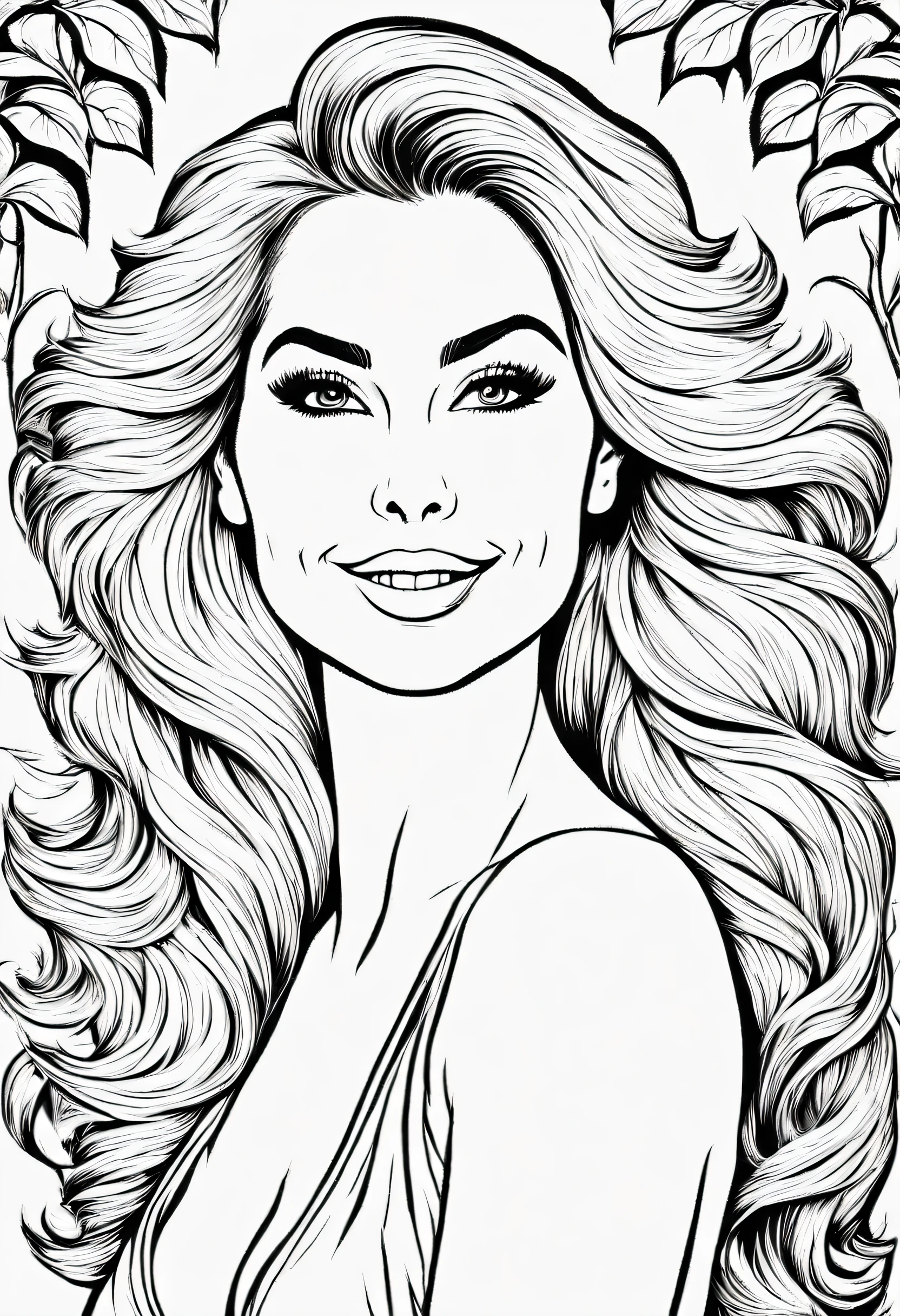 The picture is in the style of a coloring book. A portrait of a beautiful woman with a lush bust, expressive eyes and long hair smiling playfully on a white background