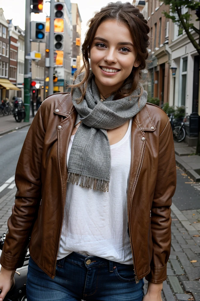beautiful woman in brown leather jacket and jeans, smiling, posing for photo with motorcycle on street of Amsterdam, brown hair updo, wearing scarf around neck, professional photography, detailed skin texture, detailed eyes, detailed teeth