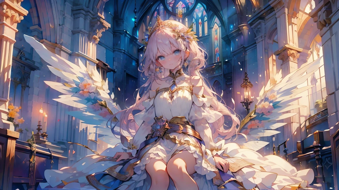 (highest quality, masterpiece, Super detailed, very detailed, exquisite, 16k,Full HD),A little closer,golden ratio,dramatic lighting,pastel colour,seems to be happy,soft lighting, ((alone:1.5)),sunset,sunset,sunset空,((head shot,Above shoulder photo)),(fairy princess, purple eyes, long eyelashes,white skin,slim,pale pink plump lips,pale pink cheeks, The wind is blowing,White fluffy hair,thin and long,(thin and high nose,small nose),(A pair of giant fairy wings growing from just above his waist.),golden decoration,diamond tiara,diamond earrings,diamond earrings,Diamond Choker,(gold ball gown dress:1.1), gold lace and ruffles,(smile:1.2), (fantasy, romantic atmosphere), magic light,majestic church,Stained glass