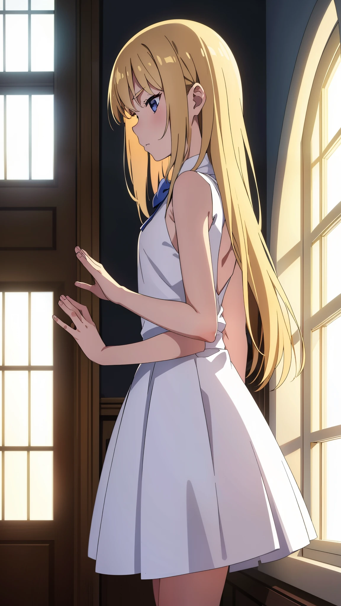 (1girl,8 years old,small),blonde hair,long hair,white dress, sleeveless, bow tie, bare shoulders,(standing in a mansion,facing a window,),sad,extra arms,four arms,from back