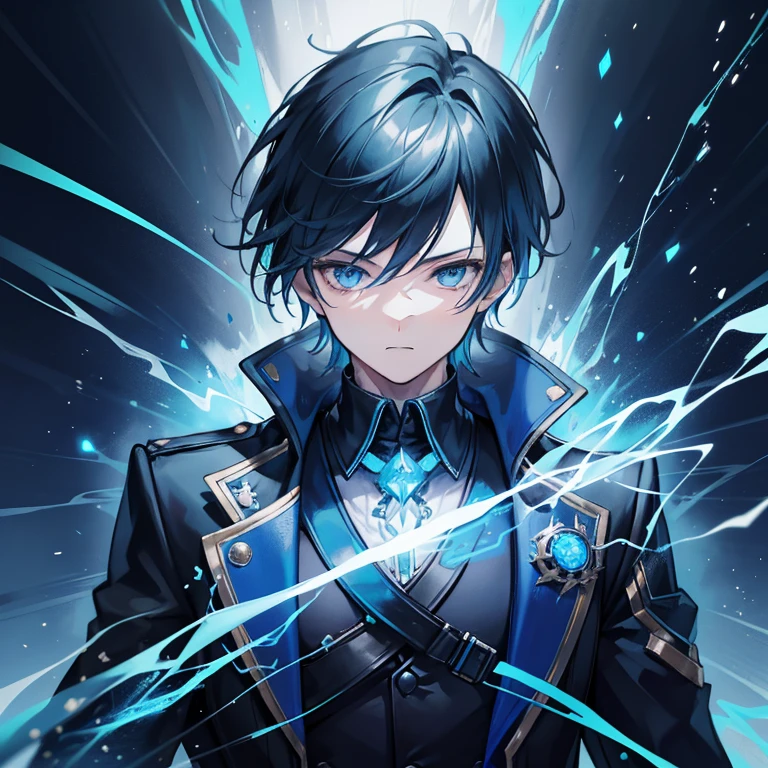 Boy with electrifying blue energy flowing over his black jacket, (close-up: 1.1), high-quality rendering, vibrant energy trails, realistically textured jacket fabric, dynamic and intense energy aura, detail-oriented illustration, masterpiece presentation, realistic lighting effects, vivid color palette, ultra-detailed features.