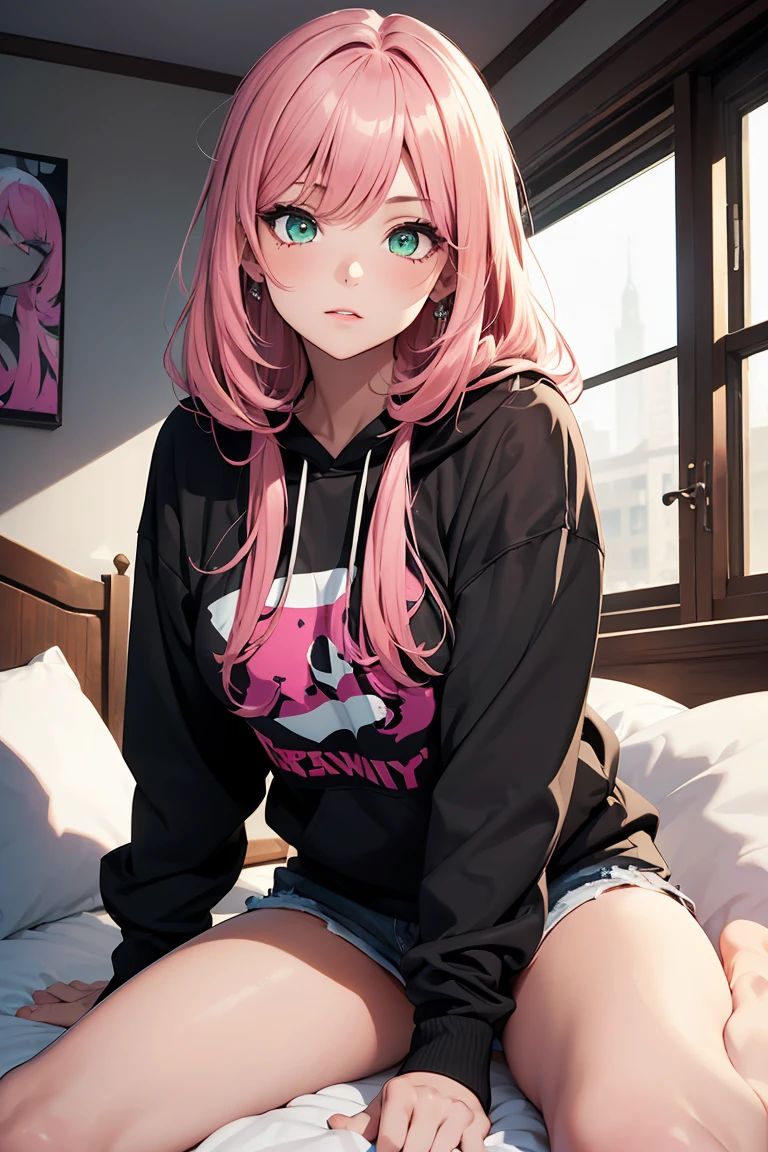 ((1 girl)), latest trend clothes, April Fool, Liar, prank, Street fashion,black hoodie,room wear, please lie down on the bed, relaxed pose,cowboy shot,((Super detailed,highest quality, High resolution, 8k wallpaper, beautiful clothes,)),((pink hair, long hair,straight hair)) (green eyes),eye shadow, eyeliner,Glow eye, highly detailed eyes, complicated eyes, beautiful eyes, 18 year old girl.