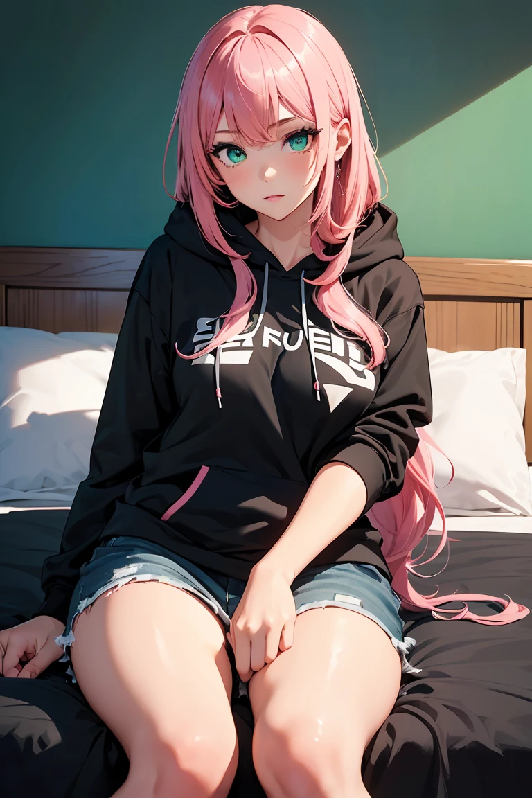 ((1 girl)), latest trend clothes, April Fool, Liar, prank, Street fashion,black hoodie,room wear, please lie down on the bed, relaxed pose,cowboy shot,((Super detailed,highest quality, High resolution, 8k wallpaper, beautiful clothes,)),((pink hair, long hair,straight hair)) (green eyes),eye shadow, eyeliner,Glow eye, highly detailed eyes, complicated eyes, beautiful eyes, 18 year old girl.