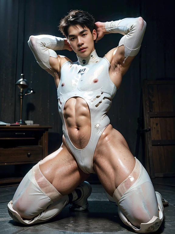 (masutepiece,High resolution,ultra - detailed:1.0),1(Boy ,robot boy ),Perfect male body,Look at the camera,Delicate eyes and delicate face,extremely details CG,Unity 8k wallpaper,intricate-detail,solo person,Detailed face, ( extreme tight high waisted white bodysuit), (extremely small size bodysuit squeeze out the side belly),Best Quality, hands visible, Beautiful and delicate blue short hair:1.5 , (( full length shot(fls) )) , big thighs , big fat hips , insane details, hyper details , photorealistic , only male , handsome boy , fat buttock , puffy nipples , 16k resolution , ultra-high clarity , hyperrealism, uhd,. K-pop idol , whore , slutty whore , swollen nipples , defeat , grins ,thick thighs, thick fat booty. Fat buttocks , male , gluteal fold , buttocks lift , (bare thighs ) , (bare chest ) , ( thick bottom ) , realism , hyper realistic , ( thick hips ). , standing ,( put your hands behind your head) , super tight , super handsome boy , male , gynecomastia , fatty hips , fatty buttocks, sexy , eroticism , nsfw , side belly fat , sexy slutty whore , nasty bitch , (photorealistic) , ( epic realism , epic photorealistic ) , grins , smirk , smile , shy , blushing , foot seen, big bulge , manly , phat ass , latex 100% rubber
, kneeling