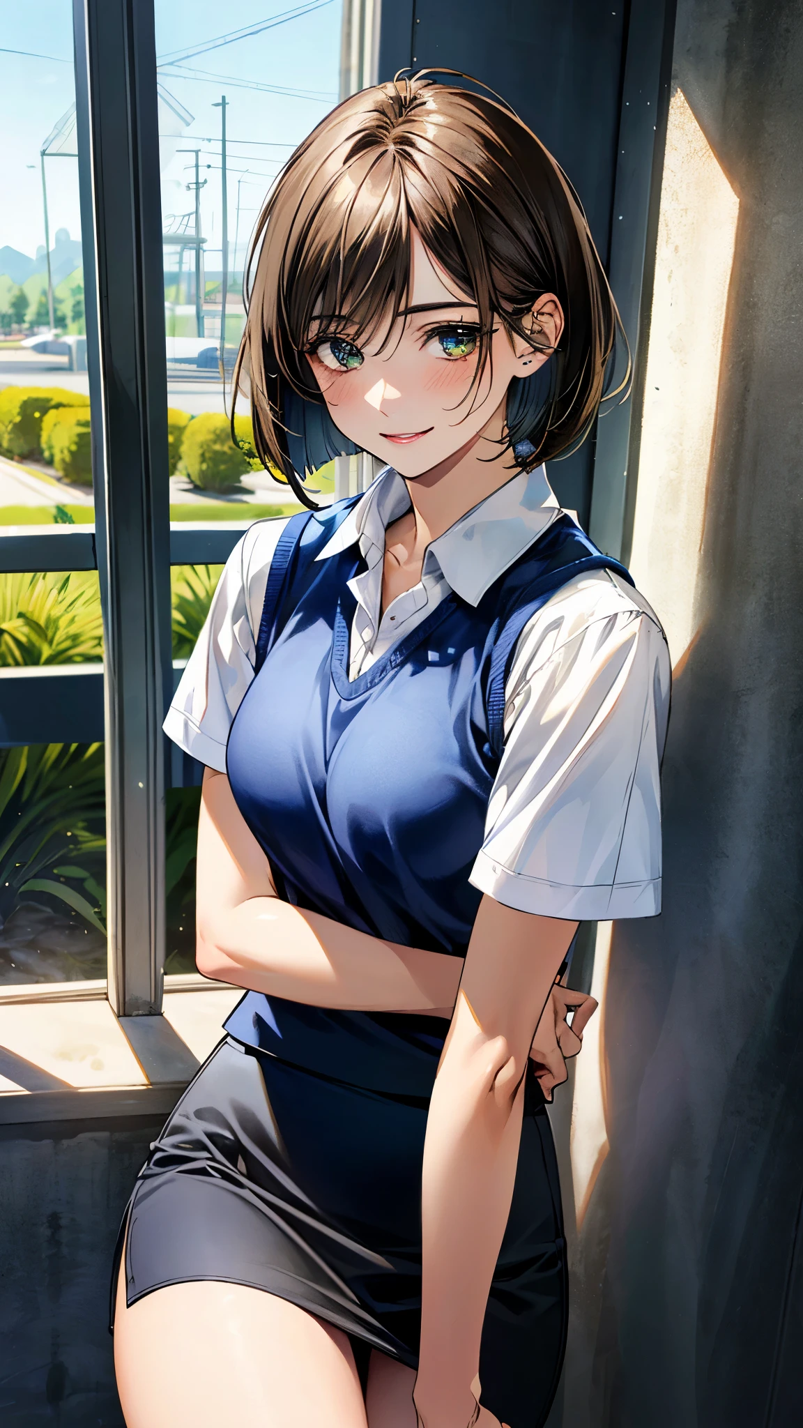 (masterpiece:1.2, top-quality, ultra high res, ultra detailed), (realistic, photorealistic:1.4), beautiful illustration, perfect lighting, natural lighting, colorful, depth of fields,
beautiful detailed hair, beautiful detailed face, beautiful detailed eyes, beautiful clavicle, beautiful body, beautiful chest, beautiful thigh, beautiful legs, beautiful fingers,
looking at viewer, 1 girl, high school girl, perfect face, (perfect anatomy, anatomically correct), cute and symmetrical face, face, , shiny skin,
(short hair:1.5, bob cut:1.5, messy hair, light brown hair), hair between eyes, dark green eyes, drooping eyes, big eyes, long eye lasher, (medium breasts), slender,
((navy outfit, navy vest, short sleeve collared white shirt, navy tight skirt)),
(beautiful scenery), evening, (office), , (happy smile),