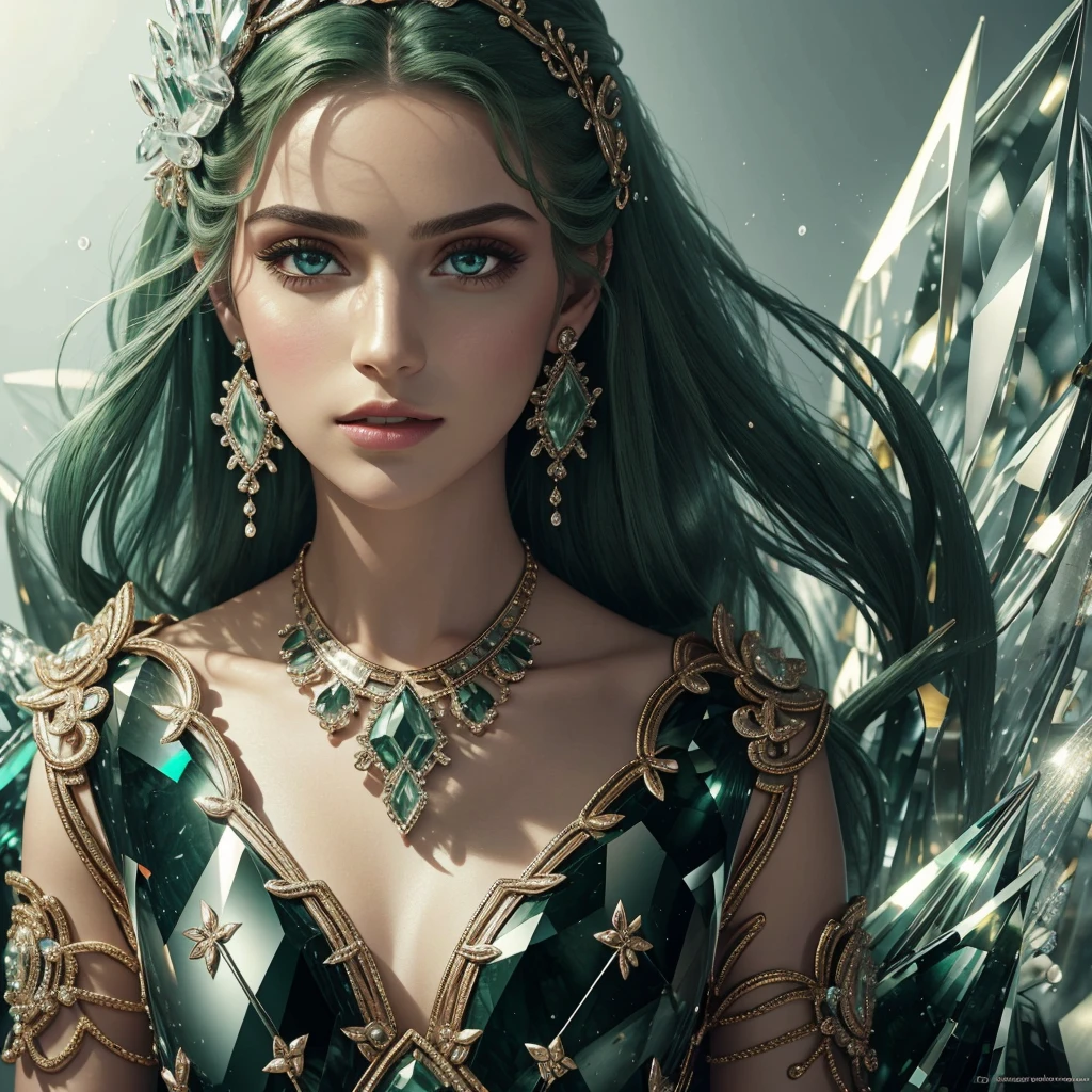 best quality,ultra-detailed,realistic,crystal green,portrait,studio lighting,sharp focus,detailed eyes,detailed lips,green geode crystals,sparkling gemstones,glowing light,serene expression