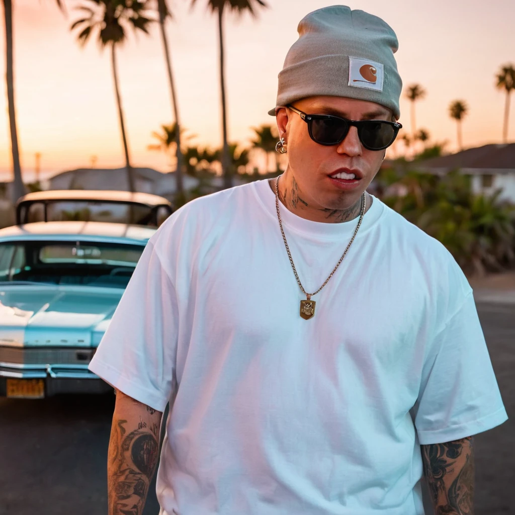 coopie, a 90s style west coast gangster with tattoos on face, tattoo over left eye, wearing white t-shirt, backwards hat, baggy tan khaki pants, white sneakers, face tattoos, neck tattoos, full body, tattoos, wearing a beanie and sunglasses, snarled lip, raised eyebrow, aggressive look, lowriders in the background, lowrider bikes in the background, depth of field, god rays, masterpiece, highres, super detail, accurate, no red, no blue, no purple, no yellow, palm trees, beach sunset, multiple views