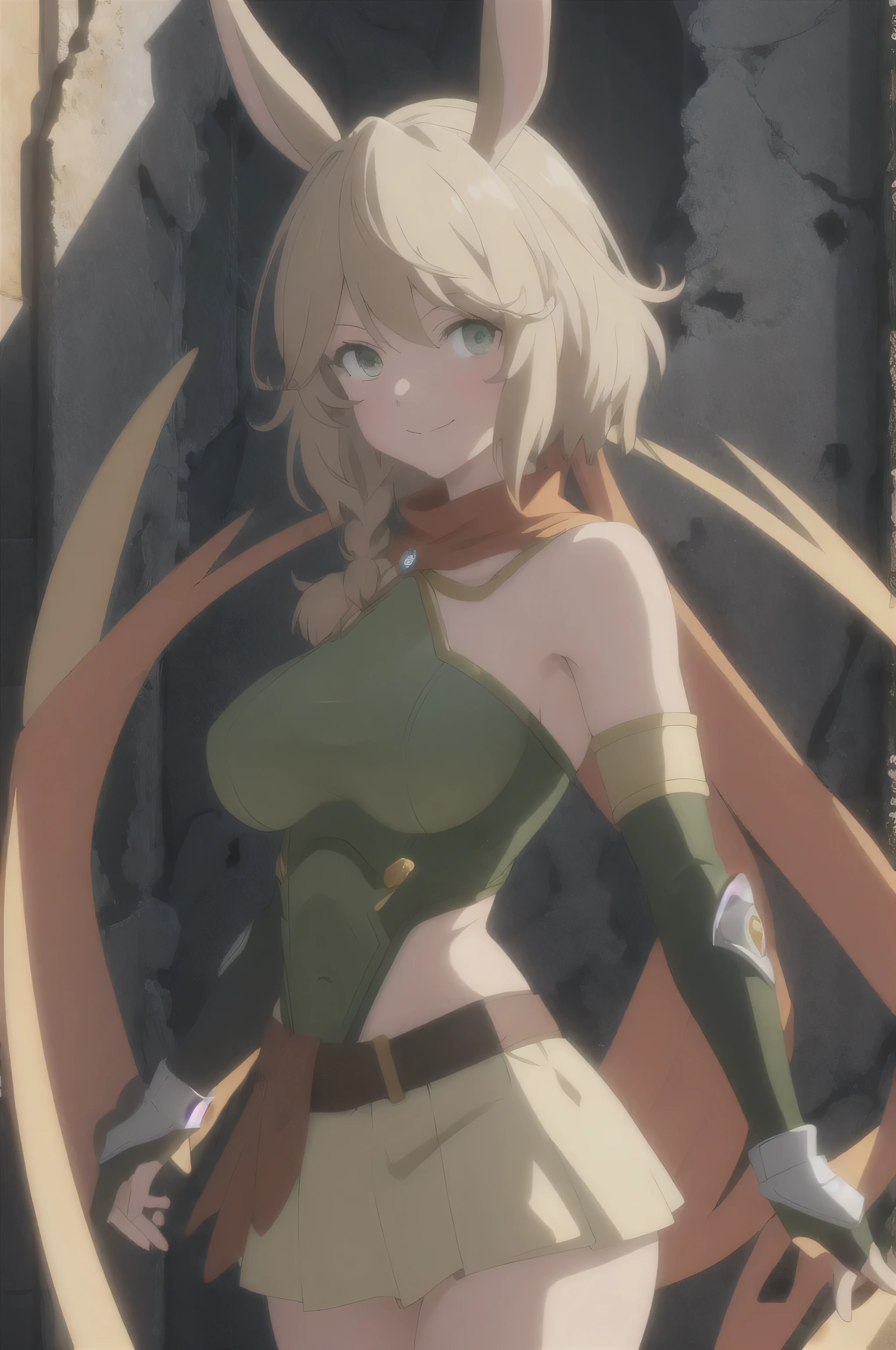 masterpiece, 8K Anime,super detailed, High resolution, 1 girl, alone, (hntsadlhorn, bare shoulders), green eyes, smile, (huge breasts:1.1), green under uniform_superior, (skirt, very detailed),white panties, (legs spread:1.7, sexy pose),looking at the viewer, whole bodyショット, whole body,
