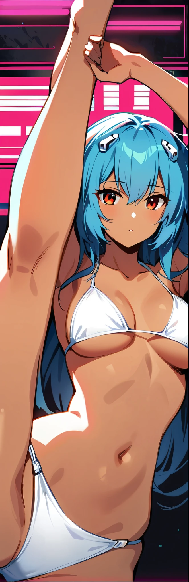 snfw,(highest quality:1.2),1 girl,alone,Are standing_Split,AYANAMI REI,(white slingshot bikini:1.2)、long hair,blue hair,bangs,interface headset,hair between eyes,pixelated background,neon light,SF color scheme,Bright colors,metallic texture,detailed shading,Holographic interface,dark atmosphere,high contrast,sharp focus,twig of hair,Reflective surface,exquisite details,High resolution,studio lighting,Red accents,Illuminated environment,artificial intelligence assistant