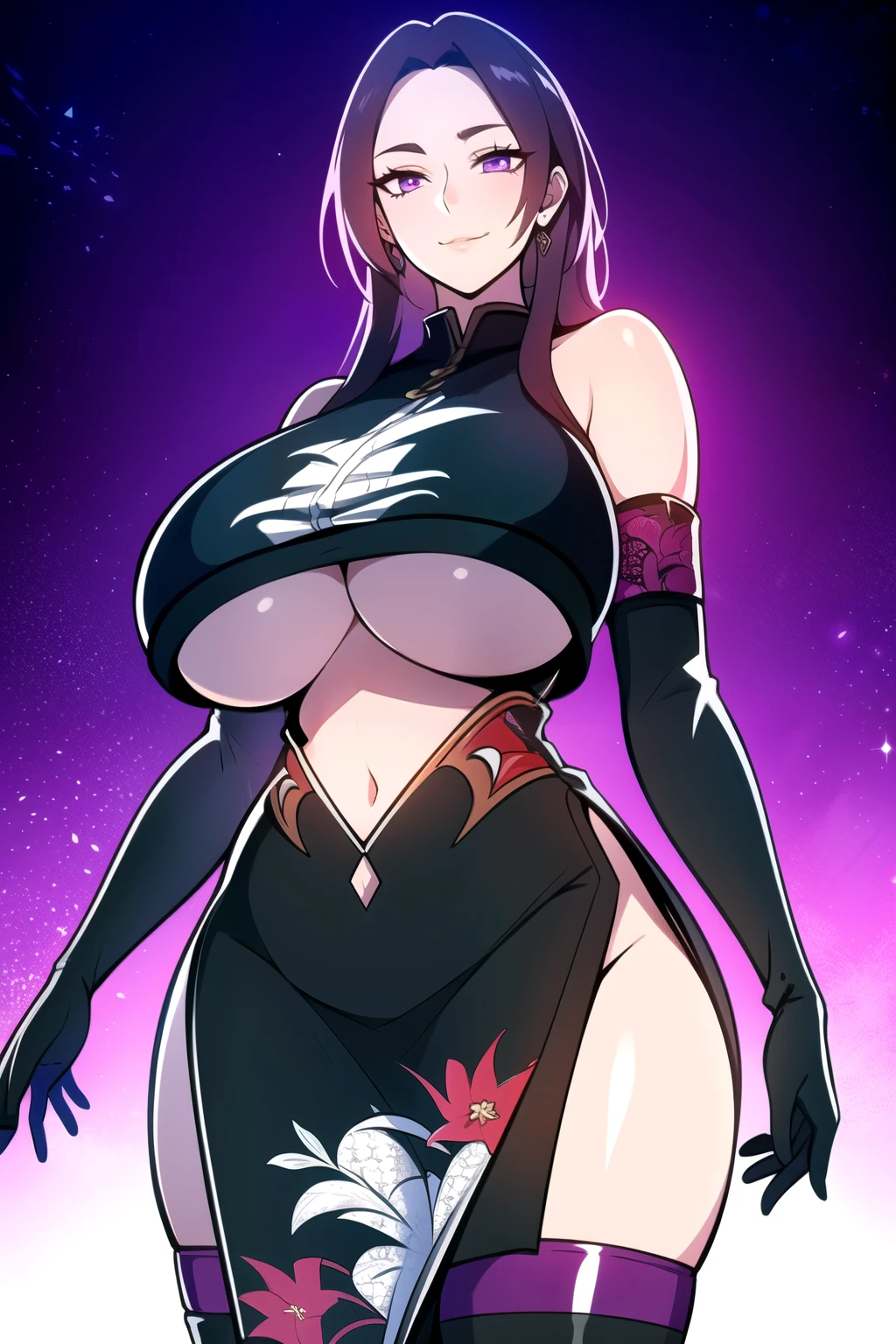 ultra realistic 8k cg, masterpiece, (( intricate detail, highly detailed, fine details best quality, hyperdetailed face)), gigantic breasts ,beautiful lighting, absurdres, BoaHancockV2, 1girl, solo, black hair, long hair, jewelry, closed mouth, ), (chinese dress, (underboob : 1.4), elbow gloves, thigh boots, split skirt, bare shoulders, curvy, midriff, curvy, thighs, shiny clothes), violet eyes, complex detailed background, inside, luxury palace), ((cowboy shot)), curvy, (gigantic breasts: 1.1), seductive smile, cowboy shot,