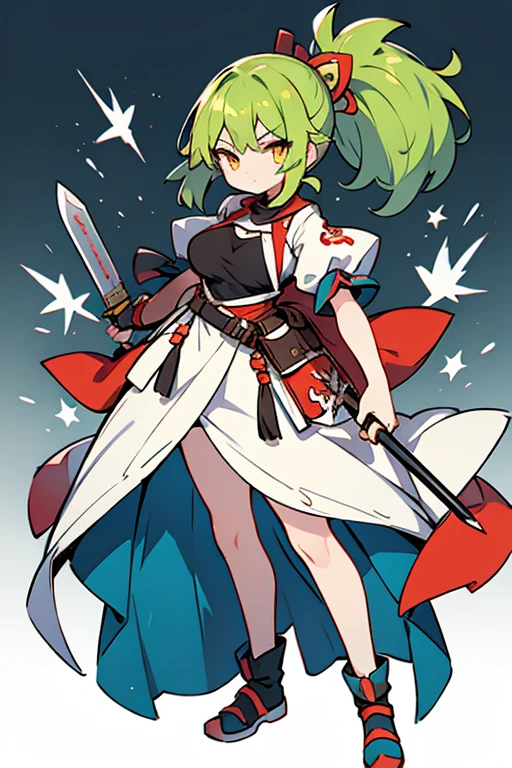 human jukaine pokemon; big breasts;full body;Costume inspired by Sceptile Pokémon;female;yellow eyes;green hair;No background;background white;knife;二knife流;;samurai