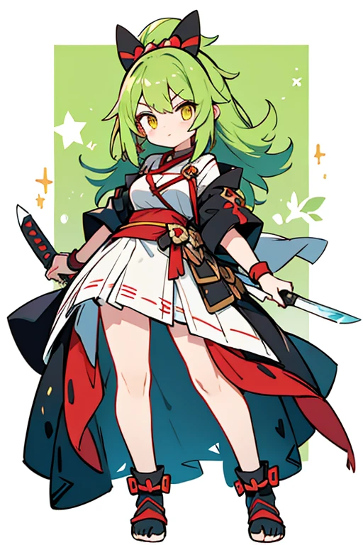 human jukaine pokemon; big breasts;full body;Costume inspired by Sceptile Pokémon;female;yellow eyes;green hair;No background;background white;knife;二knife流;;samurai