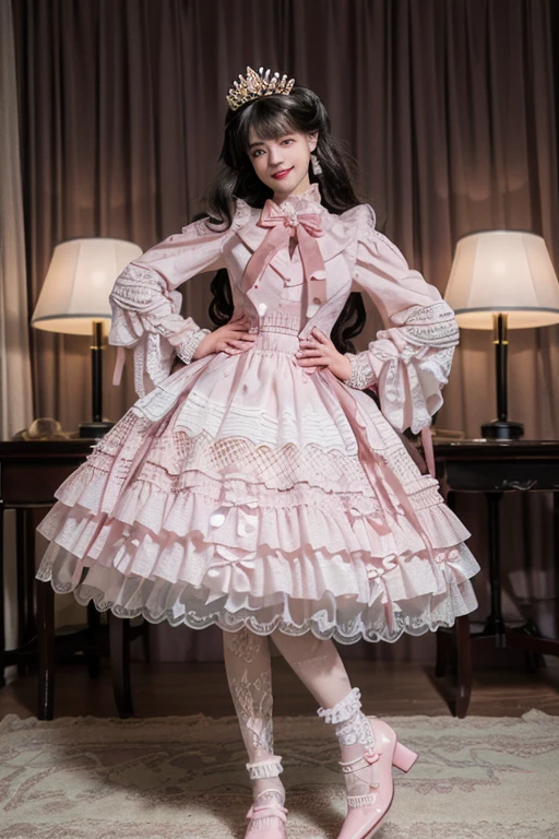 best quality, delicate face，beautiful visual work, lifelike, 2 girls, eternal, black hair, Long curly hair, blunt bangs, Smile, pink skirt, pink ****ta dress, layered skirt, ****ta style long skirt,分層連衣裙 lace-trimmed 裙子, decorate, lace, long sleeve, puff sleeves, wide sleeves, Transparent sleeves, hair accessories, 在flower园里, flower, Detailed background,  delicate face，pink blush，White knee-length socks, Pink shoes，cold，Lots of lace，((​Masterpiece))、(top quality)、8K、high detail、super detailed，21 years old female，穿着pink ****ta dress((dreamy atmosphere:1.1))、Seductive and whimsical style、​Masterpiece、born、Scenes resembling fairy tale illustrations、Intricate details showcase the ruffles and intricate designs of the ****ta dress、beautifully、magic、capricious、 beautifully、Dream aesthetics、「𝓡𝓸𝓶𝓪𝓷𝓽𝓲𝓬、ethereal、charming、fickle、magic」、realism、Visual effects、FXAA、SSAO、shader、voiceless、environmental lighting、Tone mapping、High resolution、ultra high definition、megapixel、(8K resolution:1.10)、8K、Below 8K、8K resolution、high detail、intricate details， (high quality:1.2、​Masterpiece:1.2、:1.21)、(21 years old female:1.21)、(興奮地Smile)、(Surrounded by the dreamy atmosphere、High heel、Model diagram，full-body shot，Knee-high 白色的 lace socks,Sweet ****ta，Normal 2 feet，Pink shoes，Baotou shoes，silver crown tiara，Don't show your fingers，****ta cake dress，Thousand layer skirt，Every layer has lace，The skirt has a hem，cold，big breasts，hands on hips，Wide cuffs cover hands，2 girls