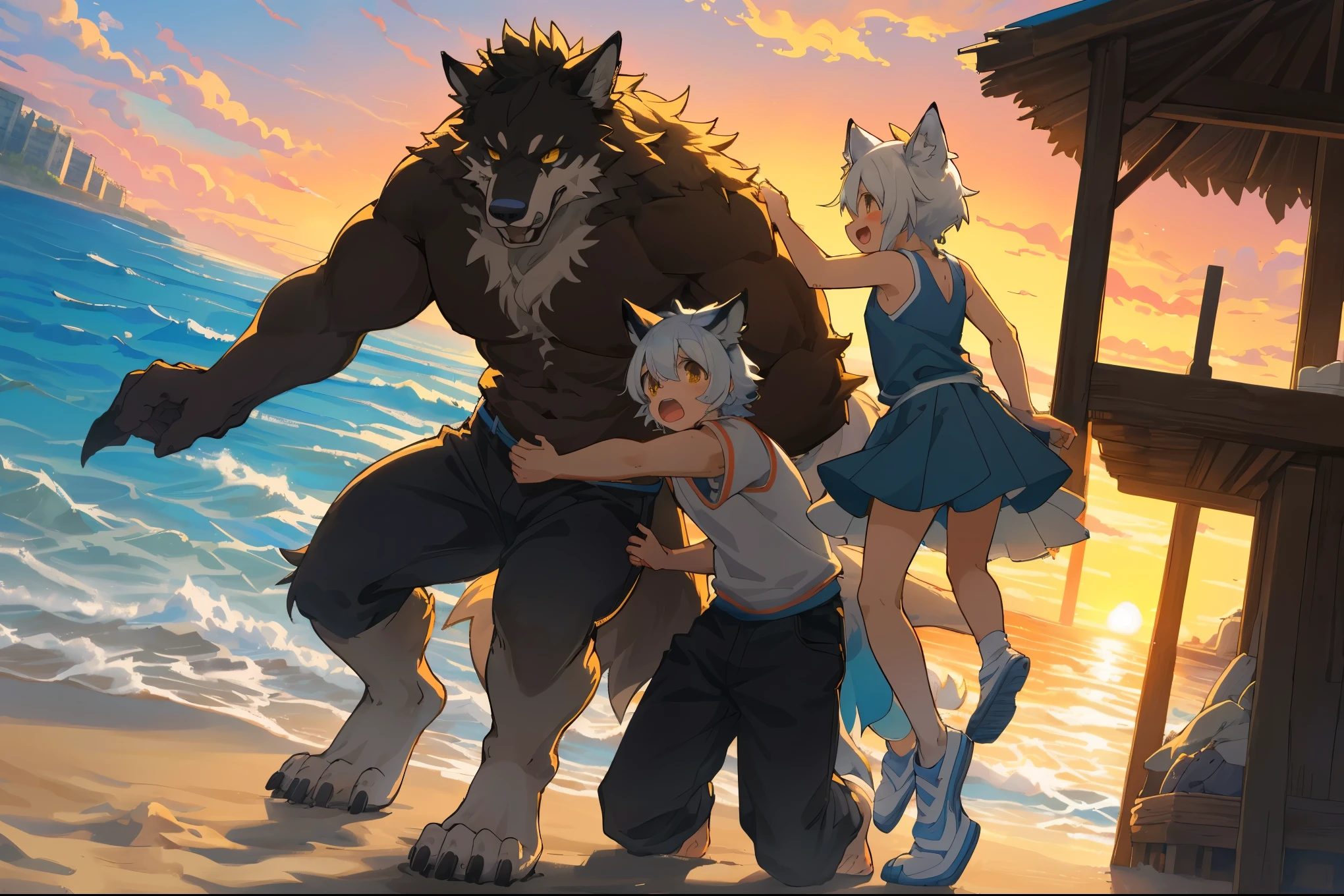 cover page, anime key visual, highres, top quality, best quality, paid reward available, High-quality illustrations, unparalleled masterpiece, perfect artwork, absurdres(family watching sunrise at the beach)((kemono werewolf family with two parents of diverse descents and a child)perfect ???????, mesmerized by the sunrise, playing with sand and building a sandcastle, serene beach with gentle waves, sky with vibrant colors of dawn, family’s expressions of awe and happiness, moment of peace and togetherness, fan-created work shared on platforms Pixiv or Twitter, cinematic lighting, dynamic angle,