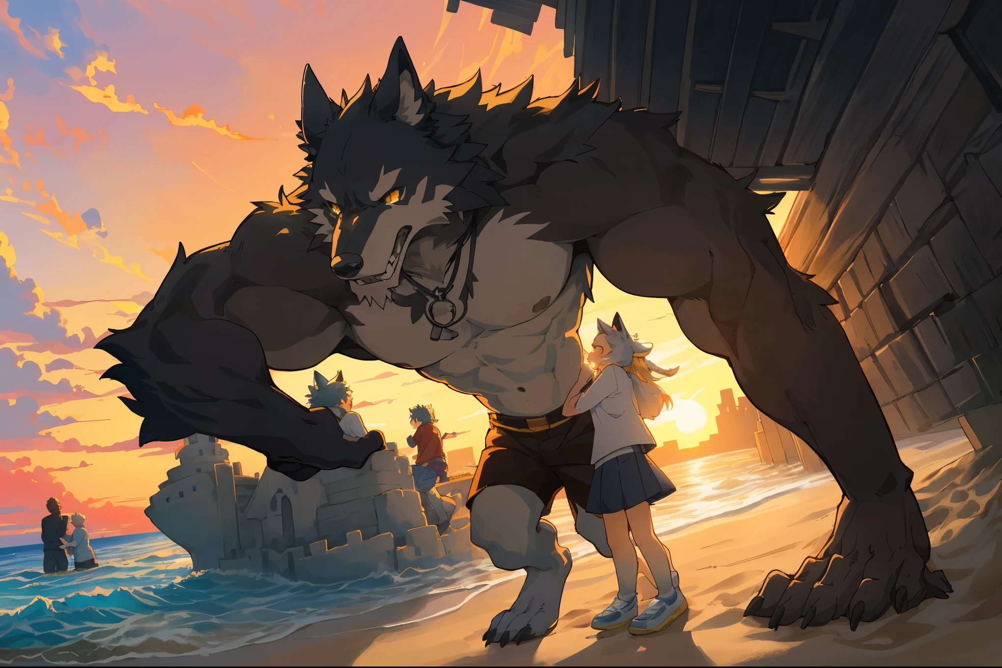 cover page, anime key visual, highres, top quality, best quality, paid reward available, High-quality illustrations, unparalleled masterpiece, perfect artwork, absurdres(family watching sunrise at the beach)((kemono werewolf family with two parents of diverse descents and a child)perfect anatomy, mesmerized by the sunrise,  playing with sand and building a sandcastle, serene beach with gentle waves, sky with vibrant colors of dawn, family’s expressions of awe and happiness, moment of peace and togetherness, fan-created work shared on platforms Pixiv or Twitter, cinematic lighting, dynamic angle,