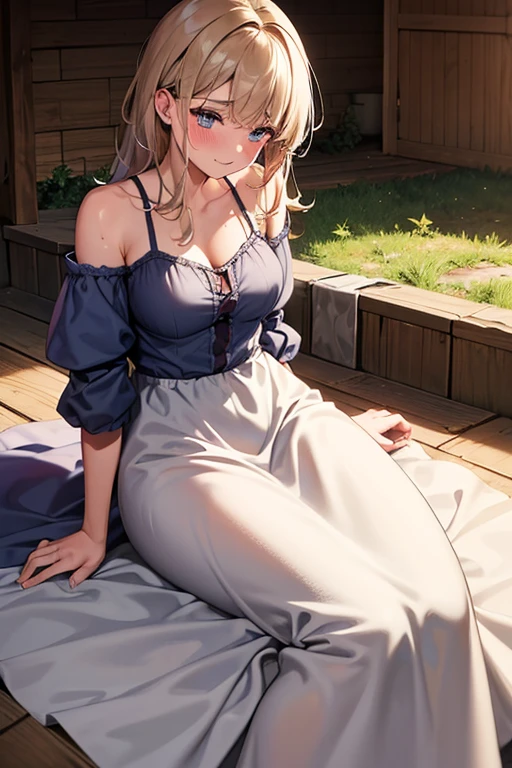 Medieval 50 year old farm mom, laying down, in barn, laying down, torn clothes, messy hair, sweating, blushing, revealed shoulder, dress up, happy, legs apart, NSFW,
