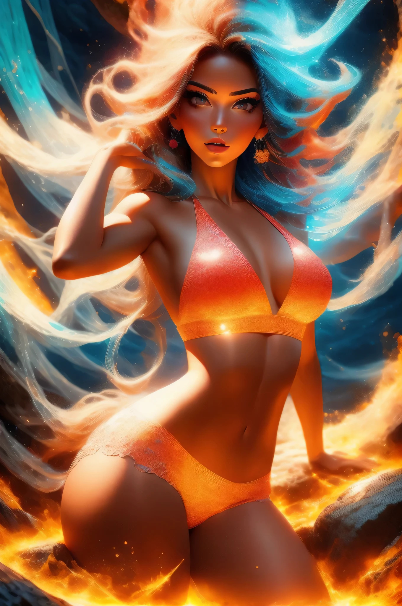 (obra maestra, Mejor calidad) Hermoso elemental de fuego, pelo largo de color rojo, cuerpo en llamas, bikini con estilo, en la playa, colores vibrantes