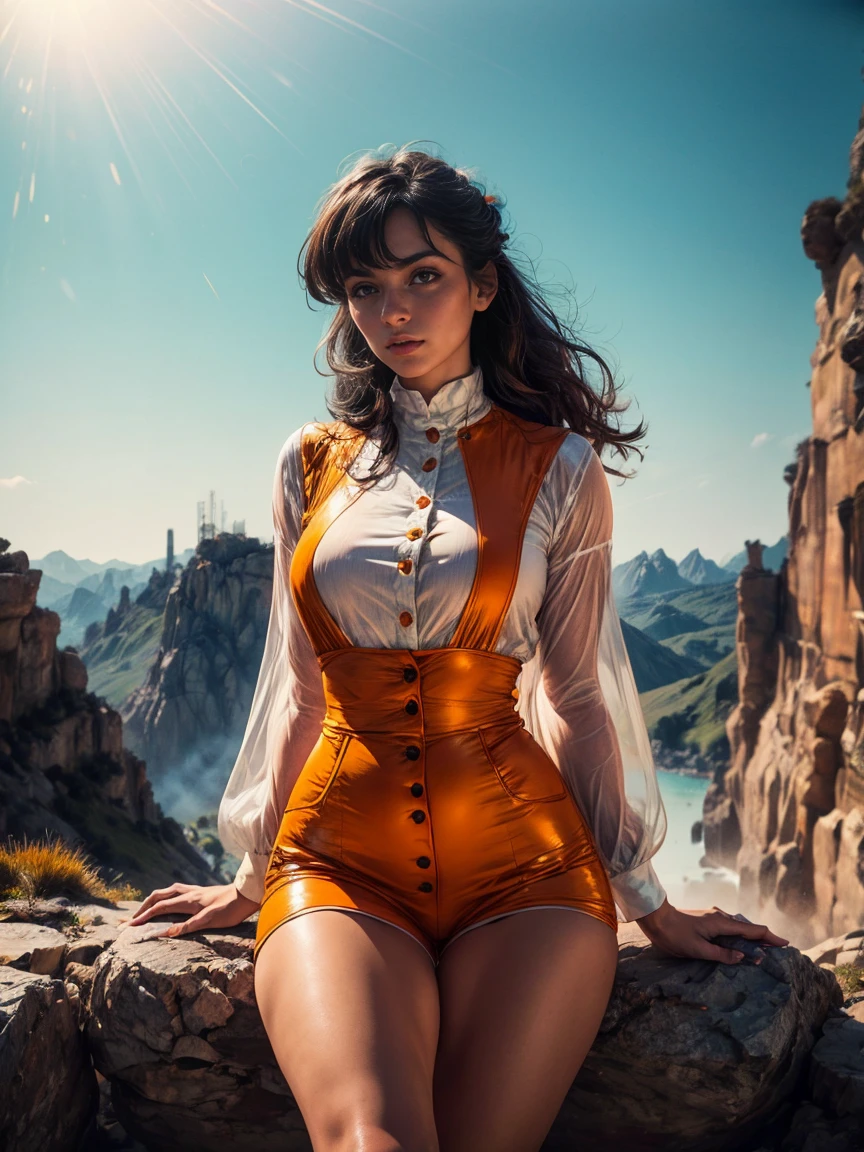 Realistic photograph of a girl in sticky white and orange jumpsuit with buttons, Transparences et rayures fluo, orteil de chameau, Vue de bas en haut, colorisation lumineuse, super detailed, ultra-tranchant, thigh-shot