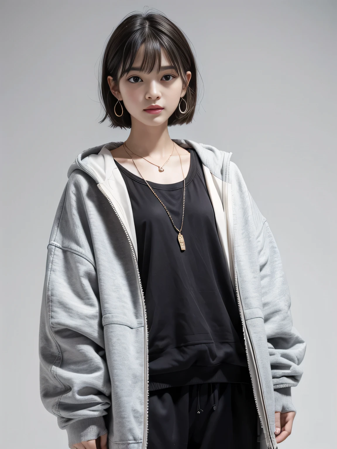 (8K, highest quality, High resolution, masterpiece :1.3), (white background), stylish, hisense, fashion, The contour is the length of the surface, eyes are long, wavy silver short hair, hair band, oversized clothes, baggy clothes, fleece jacket, Upper body, necklace, earrings, graphic design, take a pose, 
