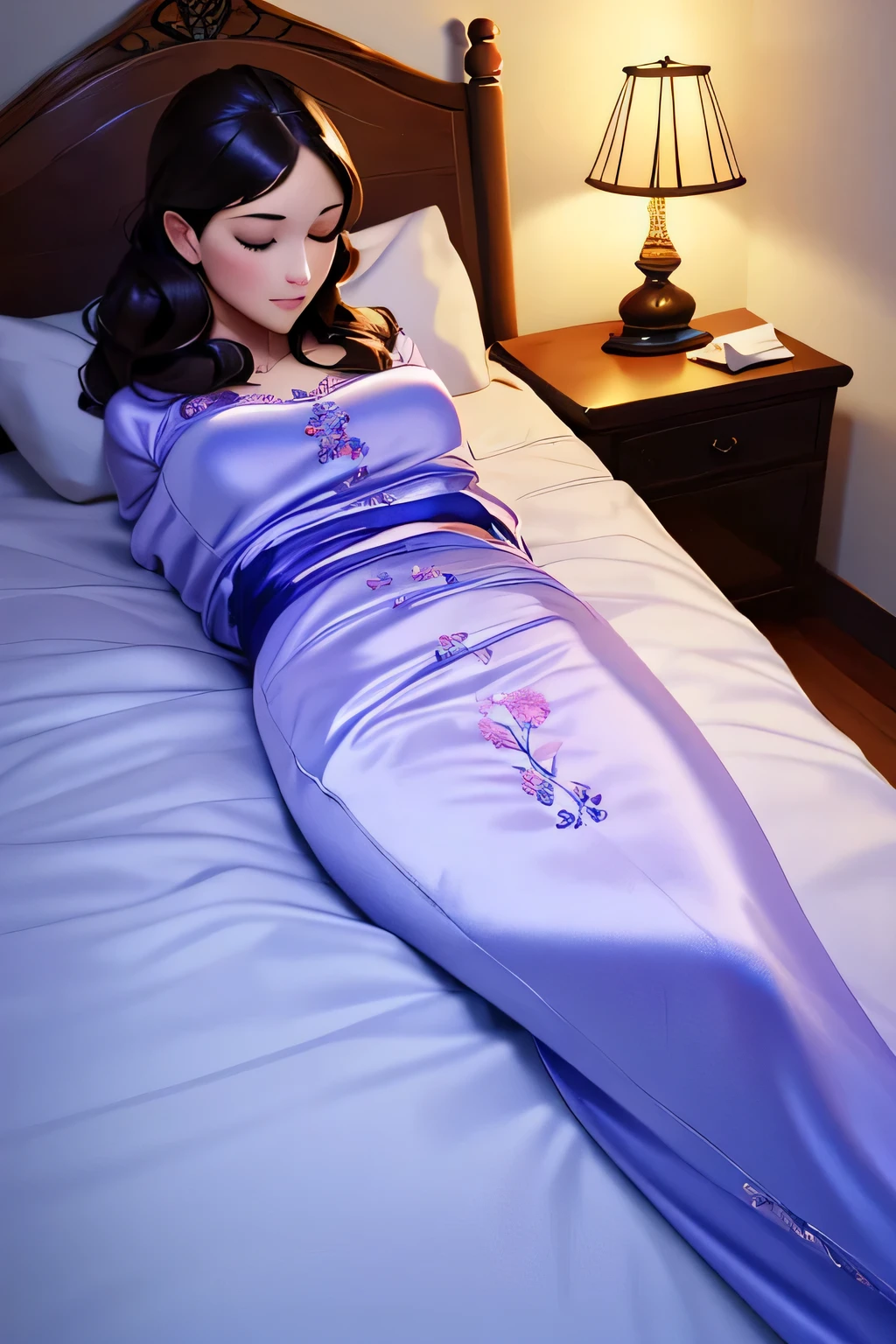 (a girl wrapped in the satin sleepsack, mummification), [oil painting], (best quality:1.2), [soft lighting], [vibrant colors], [detailed texture], elegant sleepwear, serene expression, peaceful atmosphere, luxurious fabric, smooth satin, exquisite folds, delicate embroidery, velvet ribbon, intricate patterns, subtle shadows, graceful pose, relaxed body, serene dream, cozy environment, cozy blanket, comfortable bed, dreamy ambiance, soft and supple fabric, gentle touch, calm and tranquil setting, artistic interpretation, realistic portrayal, fine brushstrokes, rich pigments, lifelike details, meticulous attention to detail, ethereal beauty