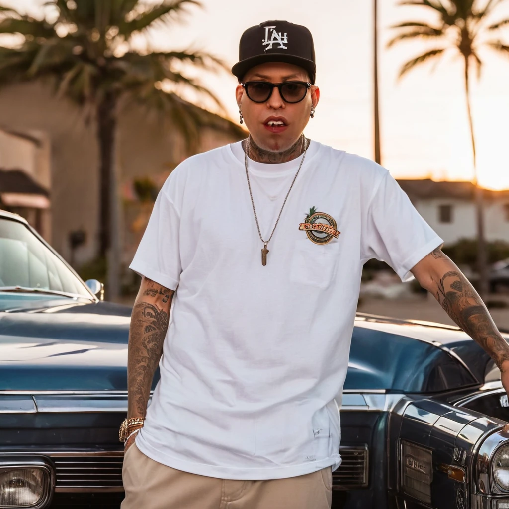 coopie, a 90s style west coast gangster with tattoos on face, tattoo over left eye, wearing white t-shirt, backwards hat, baggy tan khaki pants, white sneakers, face tattoos, neck tattoos, full body, tattoos, wearing a beanie and sunglasses, snarled lip, raised eyebrow, aggressive look, lowriders in the background, lowrider bikes in the background, depth of field, god rays, masterpiece, highres, super detail, accurate, no red, no blue, no purple, no yellow, palm trees, beach sunset, multiple views