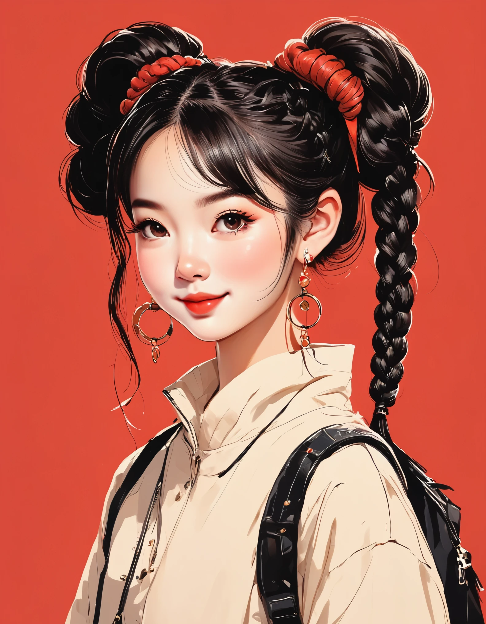 vector art，whole body，flat illustration style of a cute Chinese girl, double braided pigtails black hair, smiling, wearing earrings, close-up，Modern minimalist，red background，in style of collage artwork,  beautiful detailed