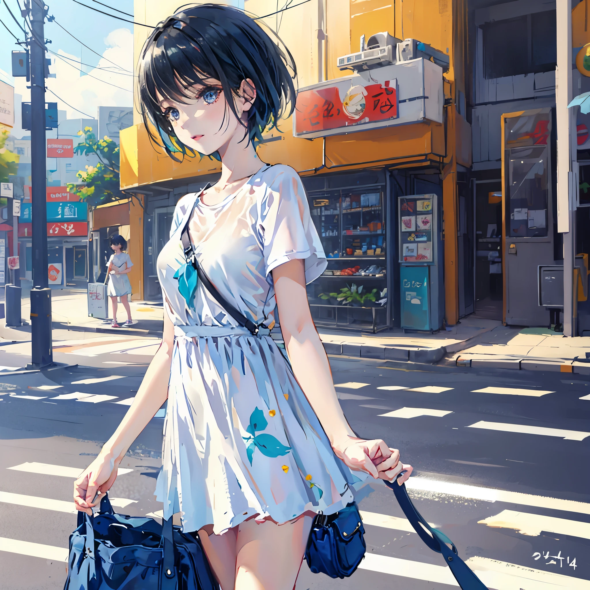 young girl，blue short hair，White simple short-sleeved suit blue shirt。The sun smiles on the street corner，it&#39;s clear，sunny。hand drawn style