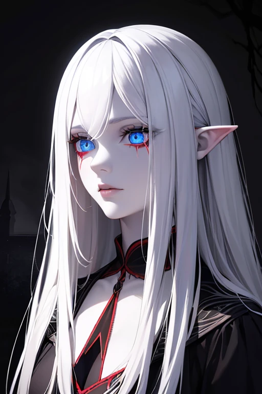 (highres:1.2), ultra-detailed, realistic, girl, long white hair, wide ears, blue eyes, red Egyptian makeup , short dress, scary, detailed facial features, pale skin, dark surroundings, eerie atmosphere, mysterious lighting, horror art style, emphasized shadows, spooky ambiance