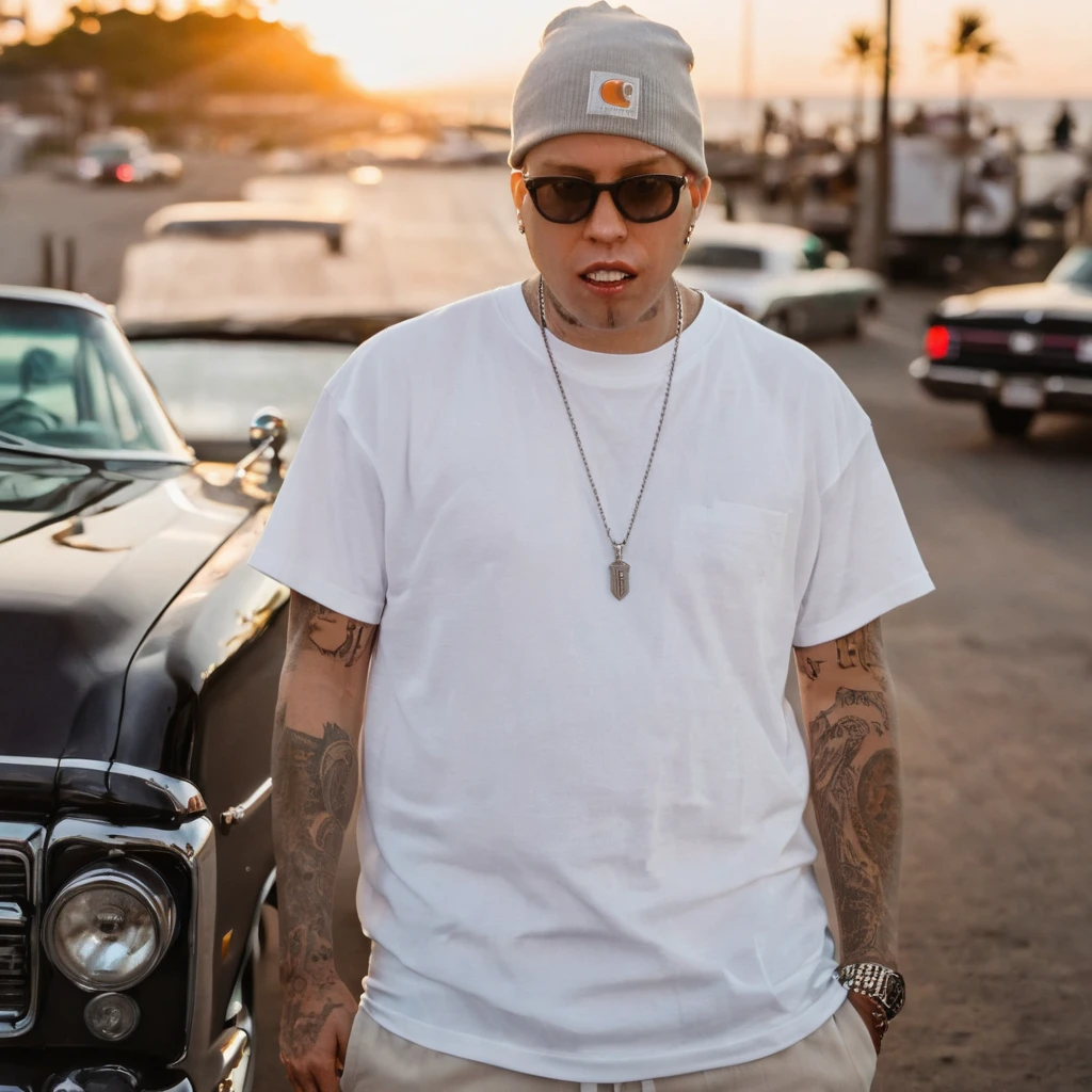 coopie, a 90s style west coast gangster with tattoos on face, tattoo over left eye, wearing white t-shirt, backwards hat, baggy tan khaki pants, white sneakers, face tattoos, neck tattoos, full body, tattoos, wearing a beanie and sunglasses, snarled lip, raised eyebrow, aggressive look, lowriders in the background, lowrider bikes in the background, depth of field, god rays, masterpiece, highres, super detail, accurate, no red, no blue, no purple, no yellow, palm trees, beach sunset, multiple views