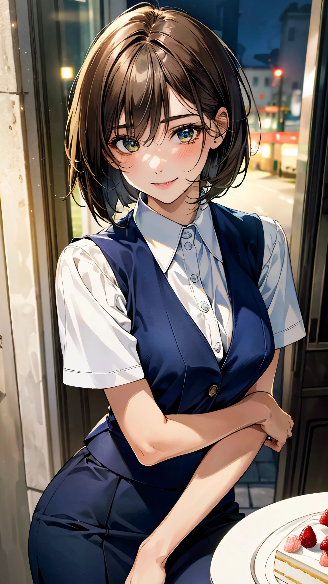 (masterpiece:1.2, top-quality, ultra high res, ultra detailed), (realistic, photorealistic:1.4), beautiful illustration, perfect lighting, natural lighting, colorful, depth of fields, 
beautiful detailed hair, beautiful detailed face, beautiful detailed eyes, beautiful clavicle, beautiful body, beautiful chest, beautiful thigh, beautiful legs, beautiful fingers, 
looking at viewer, 1 girl, high school girl, perfect face, (perfect ???????, anatomically correct), cute and symmetrical face, babyface, , shiny skin, 
(short hair:1.5, bob cut:1.5, messy hair, light brown hair), hair between eyes, dark green eyes, drooping eyes, big eyes, long eye lasher, (medium breasts), slender, 
((navy outfit, navy suit vest, short sleeve collared white shirt, navy tight skirt)), 
(beautiful scenery), evening, (outside cake shop, holding cake-box), (happy smile), 