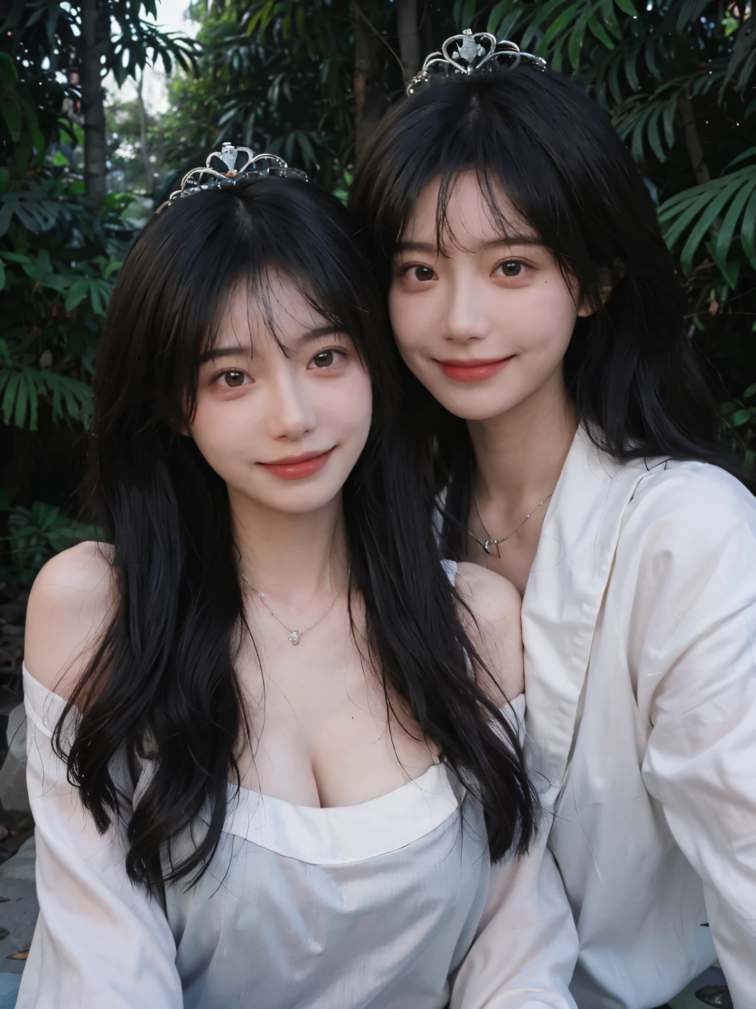 best quality, ultra high resolution, (realistically:1.4), Cute tiara,Baoyu Girl, A pair of clear and charming peach blossom eyes,Royal sister,The sun shines on the face,Long curly hair,(In the forest:1.4),(necklace:1.2),(White skin:1.4),(Full body female love:1.2)a sense of atmosphere,a beautiful girl, Smile,Looking directly at the viewer, Close-up cleavage ,(lifelike:1.4),1 girl,Sexy,(Upper body:1.4),(wet),(:1.2)