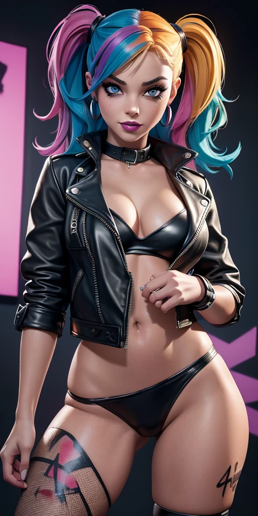(best quality,4k,8k,highres,masterpiece:1.2),ultra-detailed,realistic,professional,vivid colors, Young Hayle Atwell as Harley Quinn,beautiful detailed eyes,beautiful detailed lips,colourful graffiti background,expressive facial expressions,paint splatters and brush strokes,confident and mischievous stance,captivating smile,edgy punk fashion,stylish makeup,high contrast lighting,gritty urban environment,posh art gallery setting,powerful and dynamic pose,playful personality,detailed tattoos,smoky eye makeup,leather jacket and torn fishnets,colourful and chaotic atmosphere