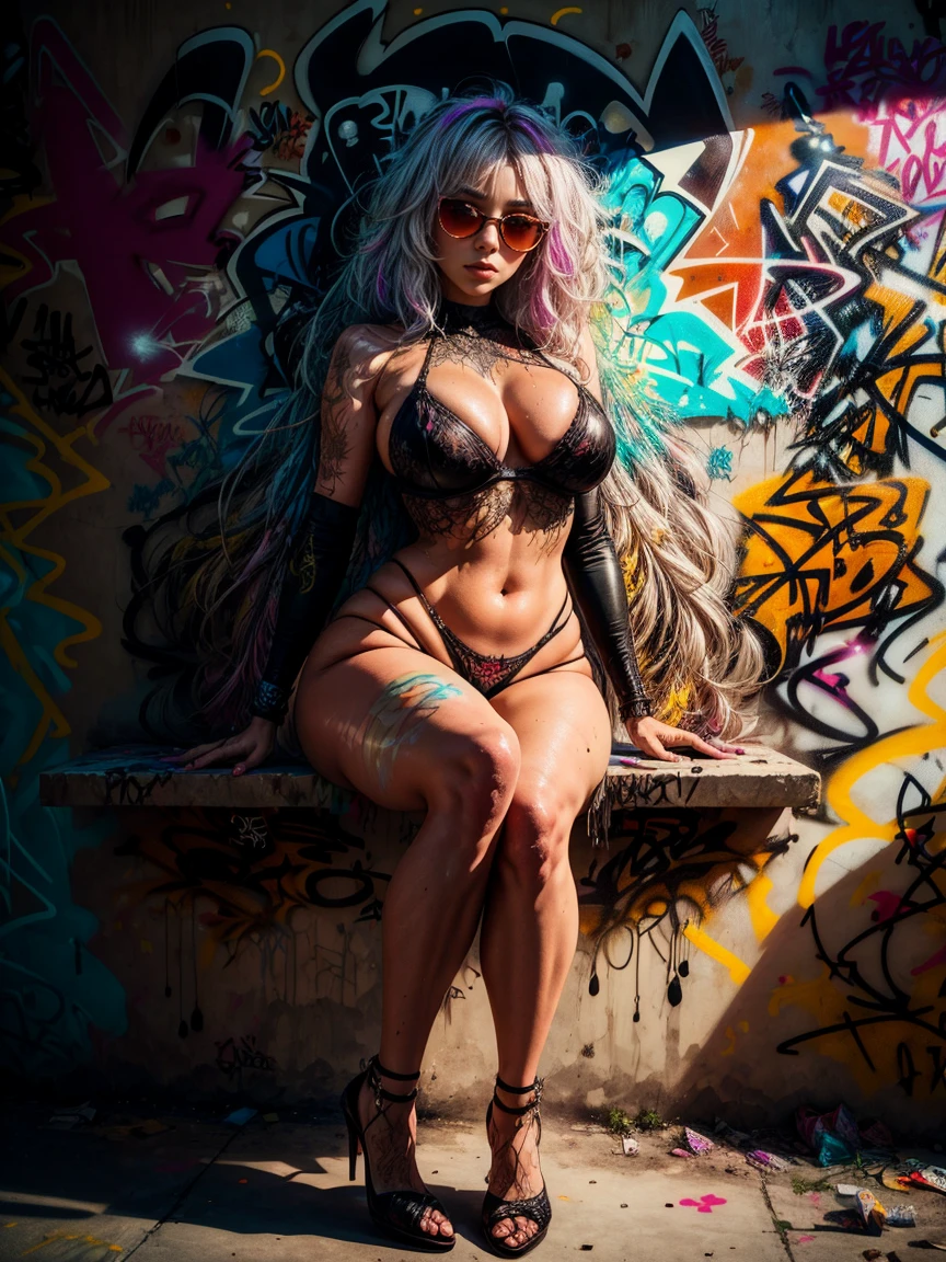 fermer, color painting of cyberpunk girl possessing, des lunettes de soleil, high heel shoes, silhouette de sablier parfaite, parfait gai , thick, (((L&#39;art des graffitis) (par Carne Griffiths))), fond de mur rouge, crazy details, intricate details, hyperdetailed, faible contraste, Soft, cinematic light, couleurs sombres, Mixture D&#39;exposition, hdr, thigh-shot