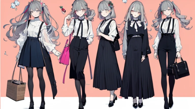 (masterpiece:1.2), highest quality,pixiv,sweet girl , 1 girl, flower, cup, have, bob hair, gray hair, bag, high heels, food, jewelry, earrings, looking at the viewer, smile, holding, twin tails, inner color、alone, fruits, handbag, gray eyes, Colorful shoes, bird, yellow flower, envelope, Eisa full body, white flower, shirt,shorts、See-through、Are standing, orange and blue、Pink background、bakery、