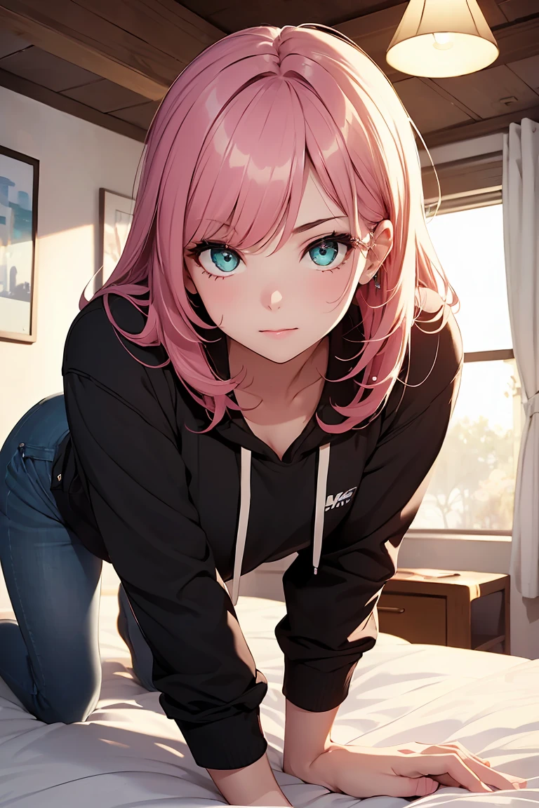 ((1 girl)), latest trend clothes, April Fool, Liar, prank, Street fashion,black hoodie,room wear, on the bed, crawl on all fours, relaxed pose,cowboy shot,((Super detailed,highest quality, High resolution, 8k wallpaper, beautiful clothes,)),((pink hair, long hair,straight hair)) , (green eyes),eye shadow, eyeliner,Glow eye, highly detailed eyes, complicated eyes, beautiful eyes, 18 year old girl.
