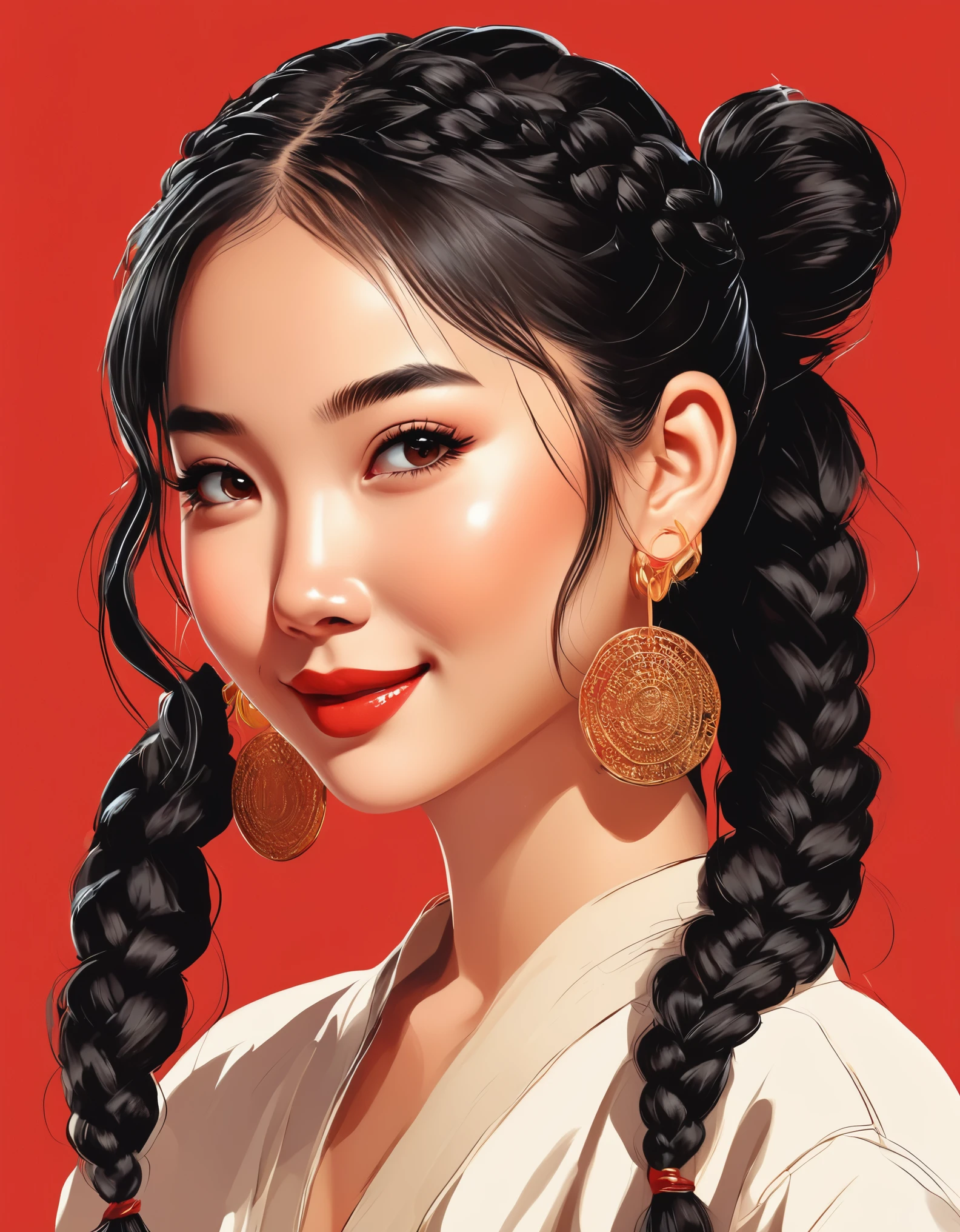 vector art，whole body，flat illustration style of a cute Chinese girl, double braided pigtails black hair, smiling, wearing earrings, close-up，Modern minimalist，red background，in style of collage artwork,  beautiful detailed