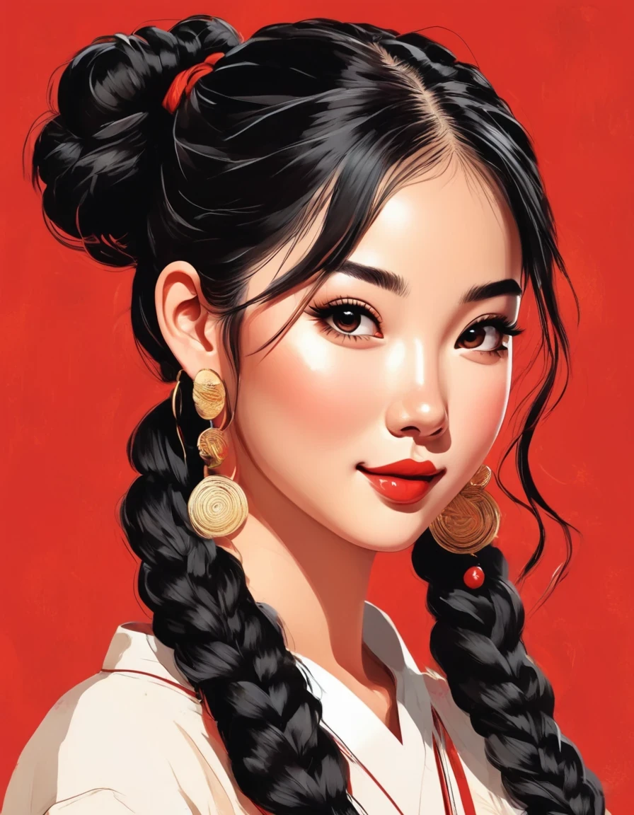 vector art,whole body,flat illustration style of a cute Chinese girl, double braided pigtails black hair, smiling, wearing earrings, close-up,Modern minimalist,red background,in style of collage artwork, beautiful detailed